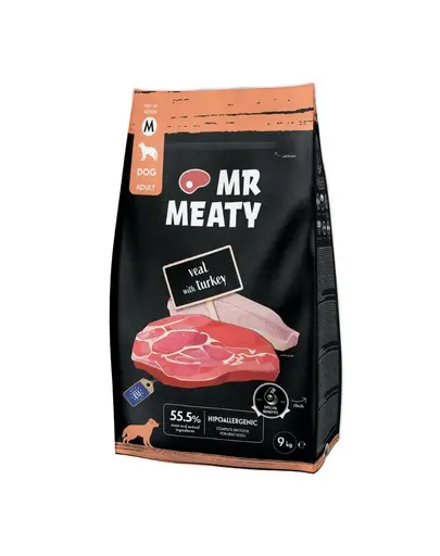 Hrana uscata caini adulti digestie sensibila vitel si curcan MR MEATY 9 kg