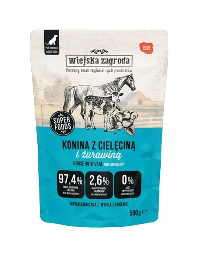 WIEJSKA ZAGRODA Duo Carne de cal cu vitel hrana umeda pentru caini 500 g