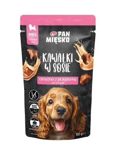 PAN MIESKO Bucatele in sos cu vitel si prepelita, hrana umeda pentru catei 150 g