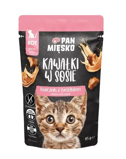PAN MIESKO Bucatele in sos cu pui si iepure, hrana umeda pentru pisoi 85 g