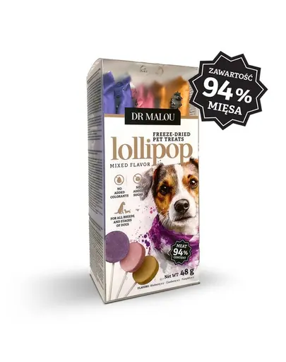 DR MALOU Lollipop acadele liofilizate din carne pentru caini arome mixte 2x48 g (6 bucati)