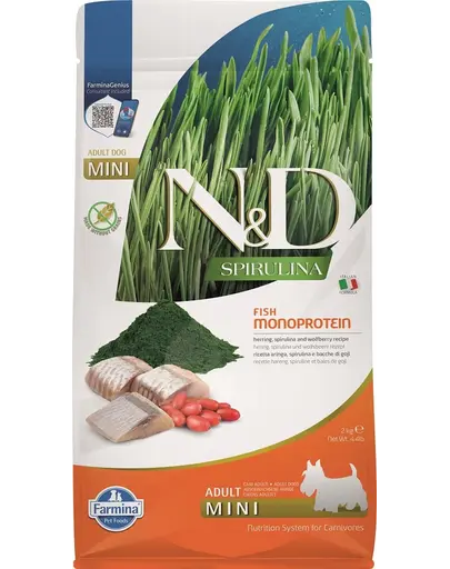 FARMINA N&amp;D Spirulina Adult Mini Herring &amp; Wolfberry 2 kg Hrana caine talie mica, cu hering si spirulina