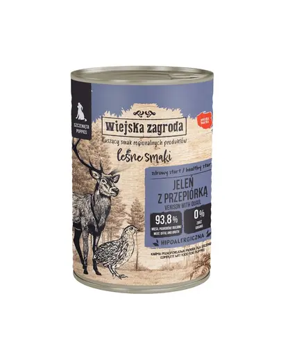 WIEJSKA ZAGRODA Arome din padure Cerb cu prepelita, hrana umeda pentru catei, 400 g