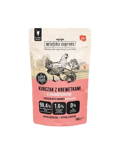 WIEJSKA ZAGRODA Hrana umeda pentru pisici, pui cu creveti si valeriana, 100 g
