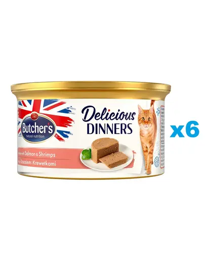 BUTCHER'S Classic Delicious Dinners 6x85 g mousse pisica, somon si creveti