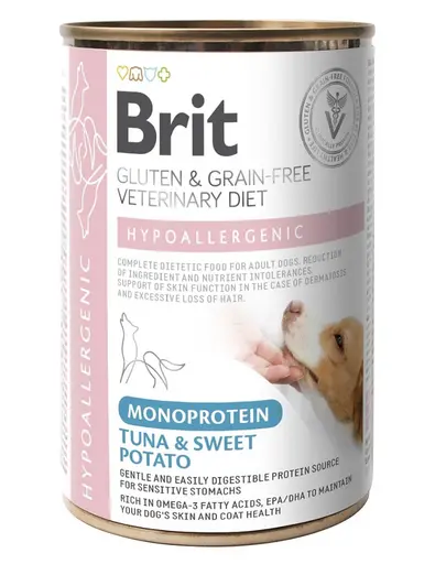 BRIT Veterinary Diet Dog Hypoallergenic Monoprotein Tuna 400g cu ton hrana Caini cu alergii si probleme dermatologice