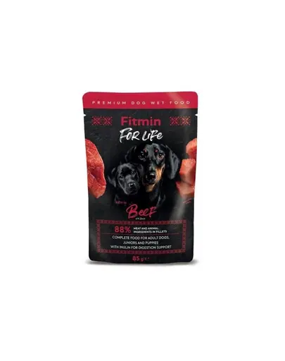 FITMIN For Life Adult and Puppies Beef bucatele cu vita in sos pentru pui si caini adulti 85 g