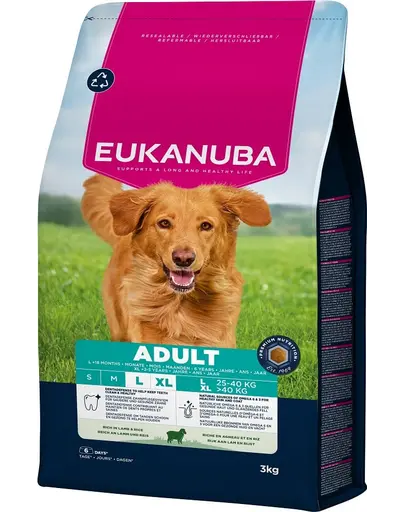 EUKANUBA Adult Large Breeds Lamb Rice 3 kg hrana Caini rase mari, bogata in miel si orez