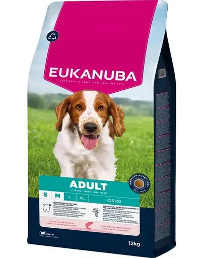 EUKANUBA Adult Small Medium Breeds Salmon & Barley 12 kg hrana uscata pentru caini adulti de talie mica si medie, bogata in somon si orz