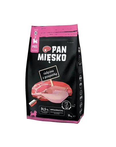 PAN MIESKO hrana catei si caini tineri cu vitel si prepelita XS 2x9 kg