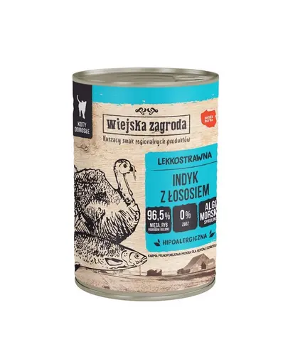 WIEJSKA ZAGRODA Conserva hrana cu somon si curcan, pentru pisici adulte 12x400 g
