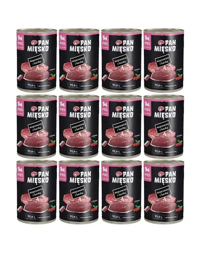 PAN MIESKO Carne de porc cu rata hrana umeda pentru catei 12x400 g
