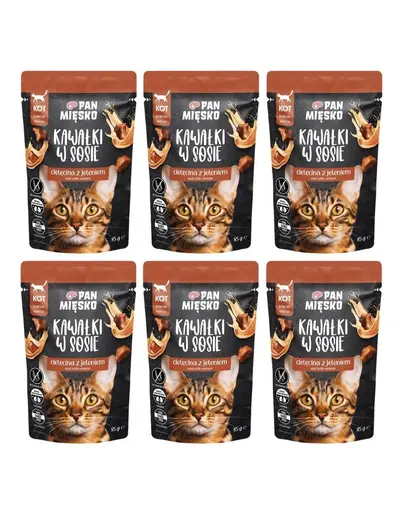 PAN MIESKO Bucati in sos Vitel cu cerb, hrana umeda pentru pisici 6x85 g