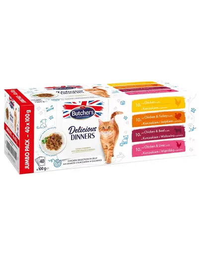 BUTCHER'S Delicious Dinners Jumbo Pack in aspic pentru pisica adulta 40x100g Arome mixte de pui