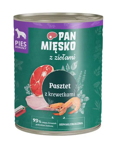 PAN MIESKO Pate de creveti cu ierburi, hrana umeda completa pentru Caini 800 g
