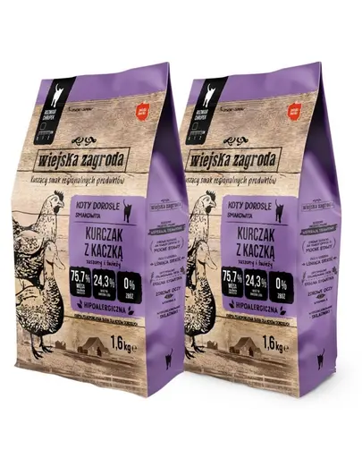 WIEJSKA ZAGRODA Hrana uscata pisici, cu pui si rata 2x1,6 kg
