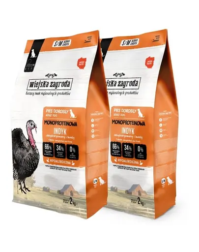 WIEJSKA ZAGRODA Hrana uscata monoproteice cu curcan pentru caini S/M 2x2 kg