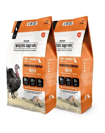 WIEJSKA ZAGRODA Hrana uscata monoproteice cu curcan pentru caini S/M 2x6 kg