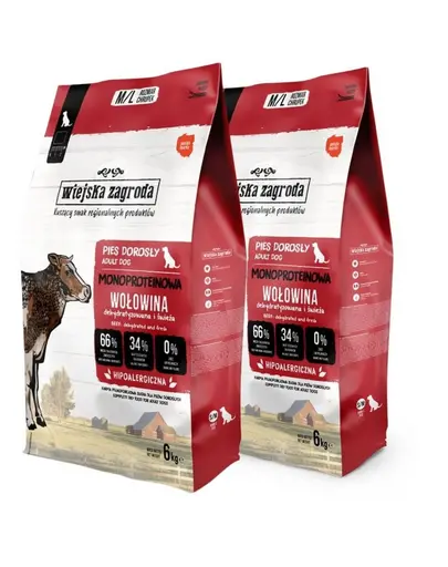 WIEJSKA ZAGRODA Hrana uscata monoproteica cu vita pentru caini M/L 2x6 kg