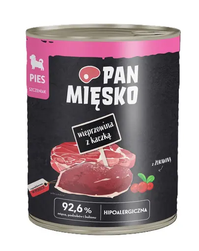 PAN MIESKO Carne de porc cu rata hrana umeda pentru catei 800 g