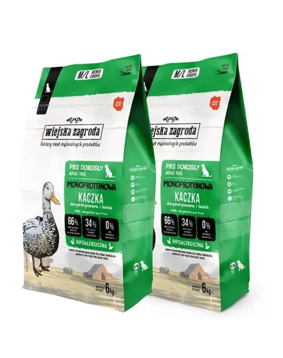 WIEJSKA ZAGRODA Hrana uscata monoproteica cu rata pentru caini M/L  2x6 kg