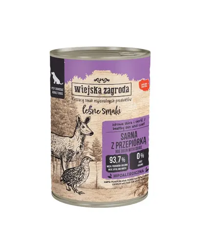 WIEJSKA ZAGRODA Arome din padure, hrana umeda pentru caini cu carne de caprioara si prepelita 6x400 g