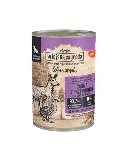 WIEJSKA ZAGRODA Arome din padure, hrana umeda pentru caini cu carne de caprioara si prepelita 24x400 g