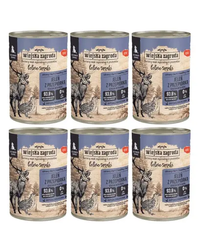 WIEJSKA ZAGRODA Arome din padure Cerb cu prepelita, hrana umeda pentru catei 6x400 g