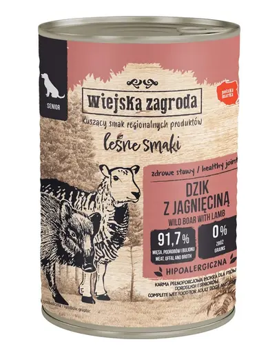 WIEJSKA ZAGRODA Hrana umeda pentru caini seniori mistret cu miel, 400 g