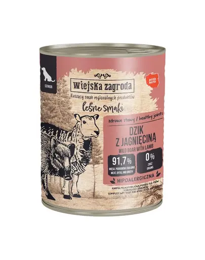 WIEJSKA ZAGRODA Hrana umeda pentru caini seniori cu mistret si miel (Gusturi de Padure) 12x800 g