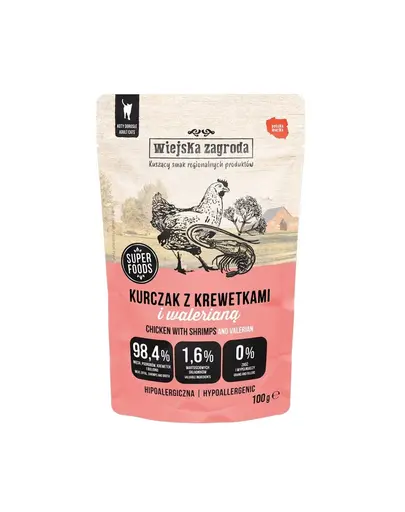 WIEJSKA ZAGRODA Hrana umeda pentru pisici, pui cu creveti si valeriana 12x100 g
