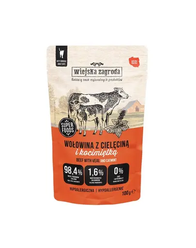 WIEJSKA ZAGRODA Hrana umeda pentru pisici vita cu vitel si iarba-matei 6x100 g