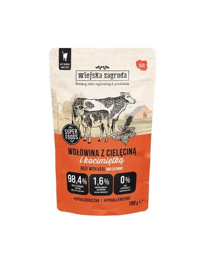 WIEJSKA ZAGRODA Hrana umeda pentru pisici vita cu vitel si iarba-matei 12x100 g
