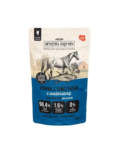 WIEJSKA ZAGRODA Superfoods Hrana umeda pentru pisici, carne de cal cu ton si valeriana 6x100 g