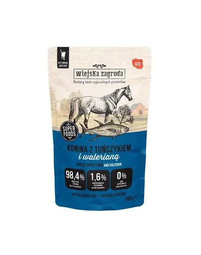 WIEJSKA ZAGRODA Superfoods Hrana umeda pentru pisici, carne de cal cu ton si valeriana 12x100 g
