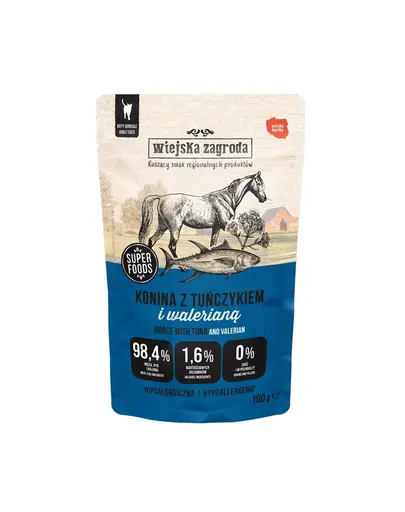 WIEJSKA ZAGRODA Superfoods Hrana umeda pentru pisici, carne de cal cu ton si valeriana 24x100 g
