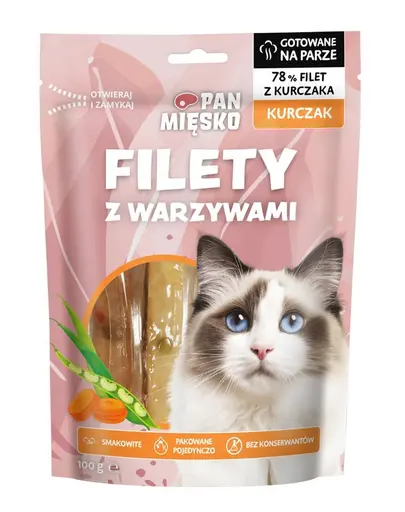 PAN MIESKO Gustare pentru pisici, fileuri de pui cu legume 100 g