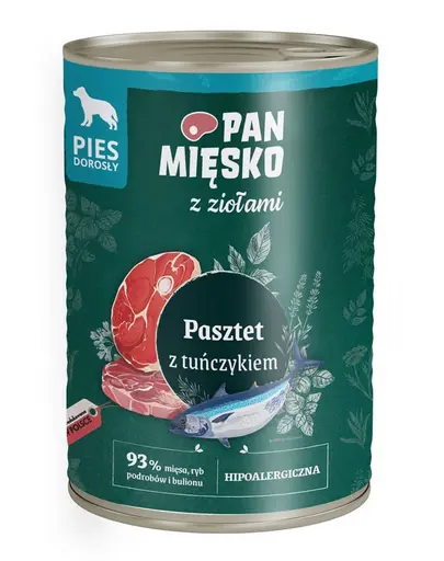 Hrana umeda caini adulti PAN MIESKO pate ton 400g hipoalergenica cu ierburi
