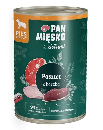 Hrana umeda caini adulti PAN MIESKO pate rata 400g hipoalergenica cu ierburi