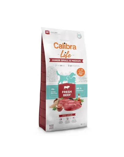 CALIBRA Dog Life Junior Small Medium Fresh Beef 12 kg hrana cu vita pentru caini juniori de talie mica si medie