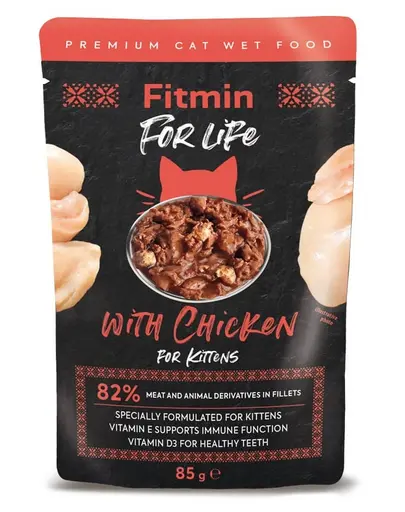 FITMIN Cat For Life pouch kitten chicken 85 g hrana umeda la plic pentru pisoi, cu pui