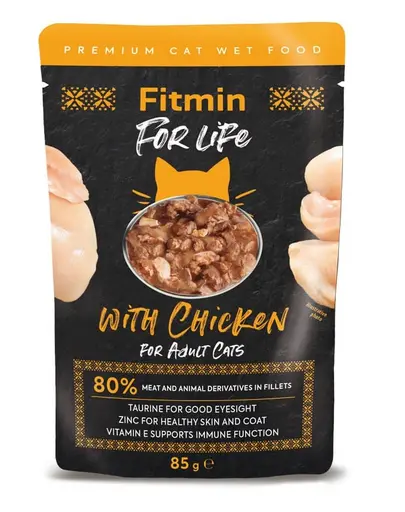 FITMIN Cat For Life Pouch Adult Chicken 85 g Hrana umeda completa pentru pisici adulte cu pui