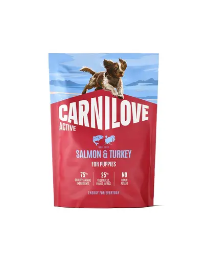 Hrana pui caine CARNILOVE Active Dog Salmon & Turkey Puppies 1,5 kg somon si curcan