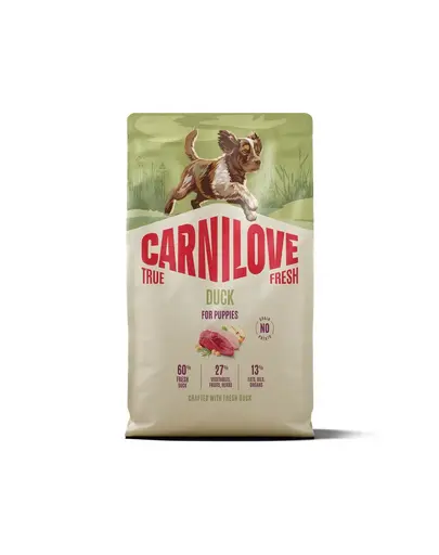 Hrana pui caine CARNILOVE True Fresh Dog Duck Puppies 4 kg cu rata