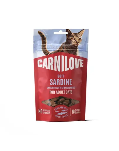 Gustari moi pentru pisici CARNILOVE Soft Snack cu sardina si capsuni 50 g