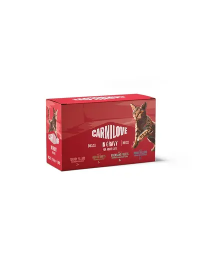 Hrana umeda pisici CARNILOVE Gravy Multipack 12 x 85 g fileuri in sos, 4 arome