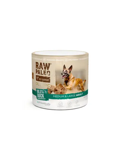 RAW PALEO Olympic Duck Medium Large recompensa de antrenament pentru caini medii si mari, cu rata 90 g