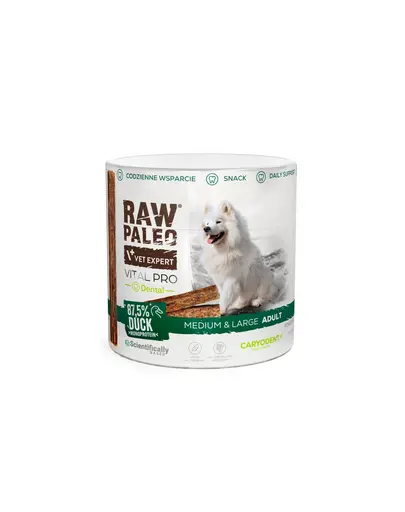 RAW PALEO Vital Pro Dental Duck Medium Large cu rata 100 g recompensa functionala monoproteica pentru igiena orala a cainilor medii si mari