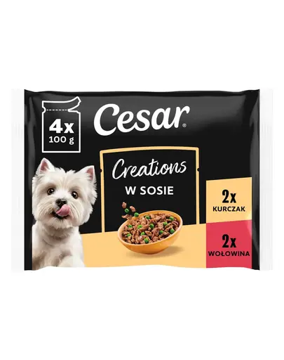 CESAR Creations 4x100 g hrana caini adulti, pui cu mazare si vita cu morcov in sos