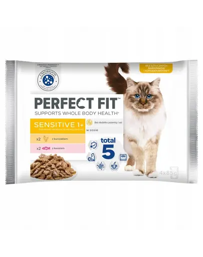PERFECT FIT Sensitive 1+ 4 x 85 g cu pui si somon in sos hrana pentru pisici cu sensibilitate digestiva